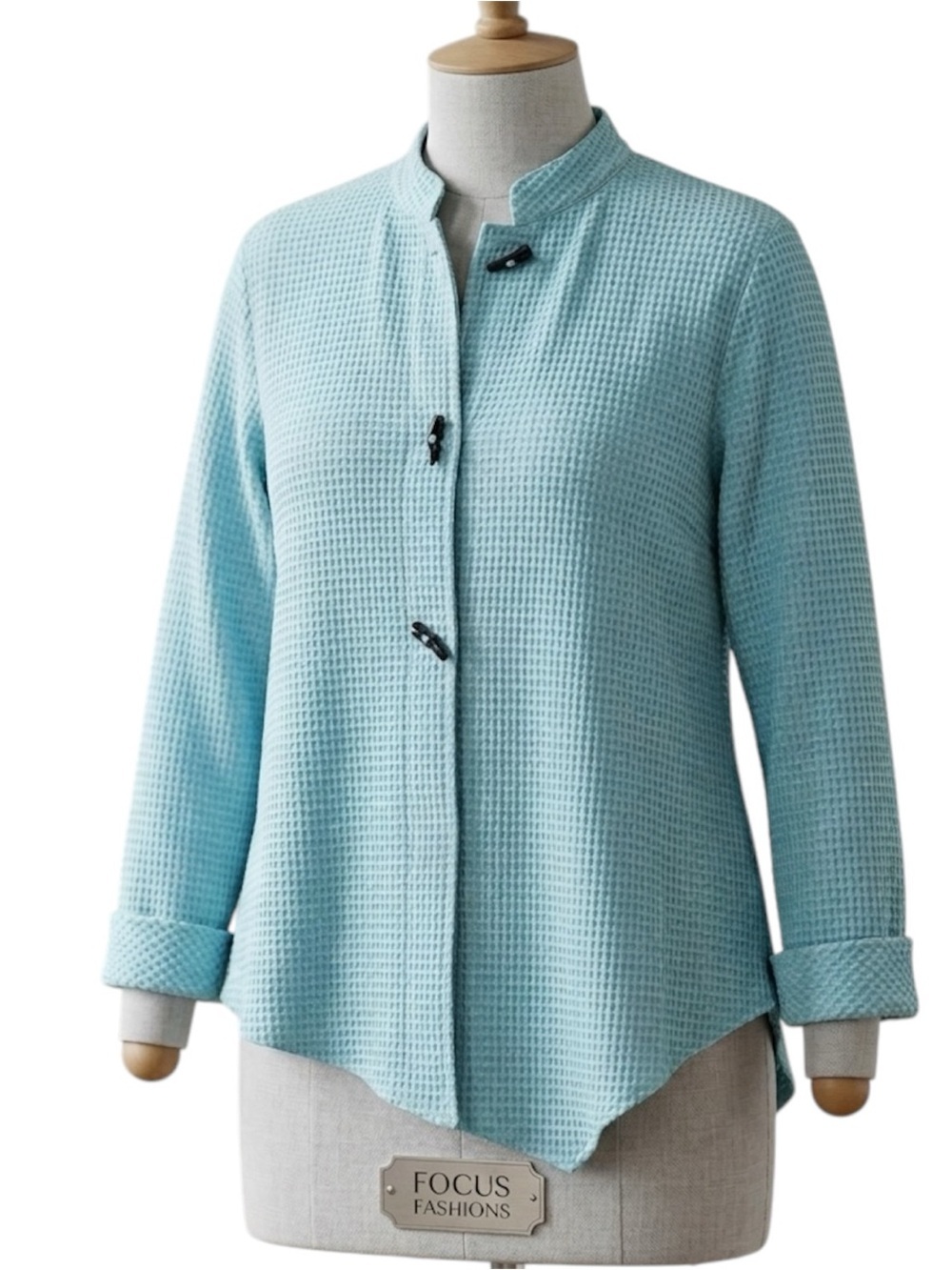 Focus Casual Women Waffle Knit Asymmetrical Mandarin Collar Button Jacket Medium